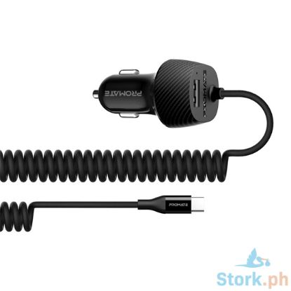 Picture of Promate VolTrip-C 3.4A Car Charger with USB-C Coiled Cable Black