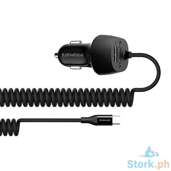Picture of Promate VolTrip-C 3.4A Car Charger with USB-C Coiled Cable Black