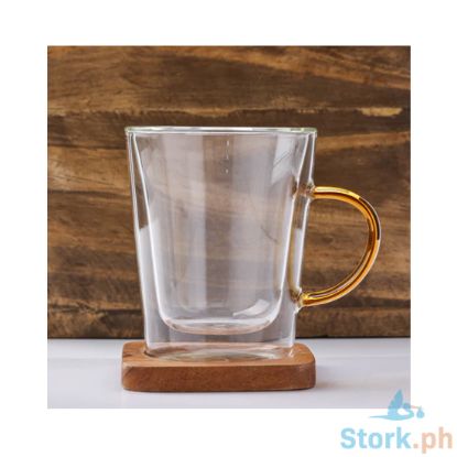 Picture of Monkeyspeak Coffee Double Wall Glass Mug With Gold-Yellow Handle 300ml