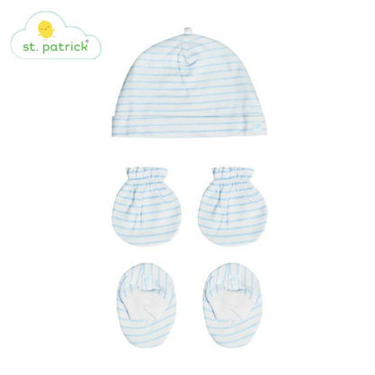 Picture of St. Patrick Mittens, Beanie, Booties Set (Stripes Blue)