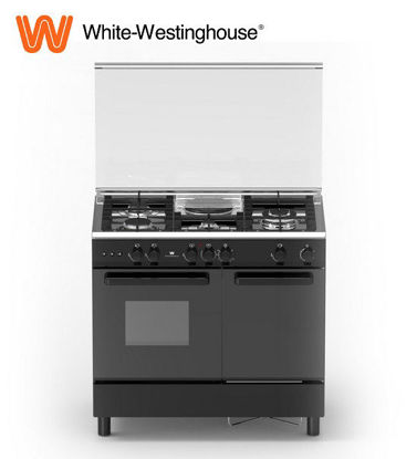 Picture of White-Westinghouse WCM952K 90 cm Free Standing Cooker, 4 Gas Burners + 1 Hot Plate, 62L Gas Oven, Black, with Glass Lid