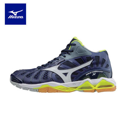 Picture of Mizuno Wave Tornado X MID Volleyball Shoes for Unisex - Navy Blue/White /Lime