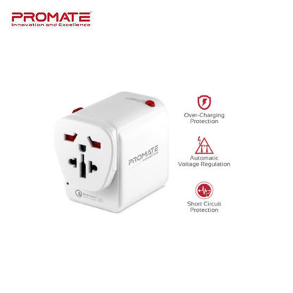 Picture of Promate Travel Adapter with Re-settable Fuse & 30 Watt Output. Qualcomm 3.0 USB Type-C 18W Power Delivery Port